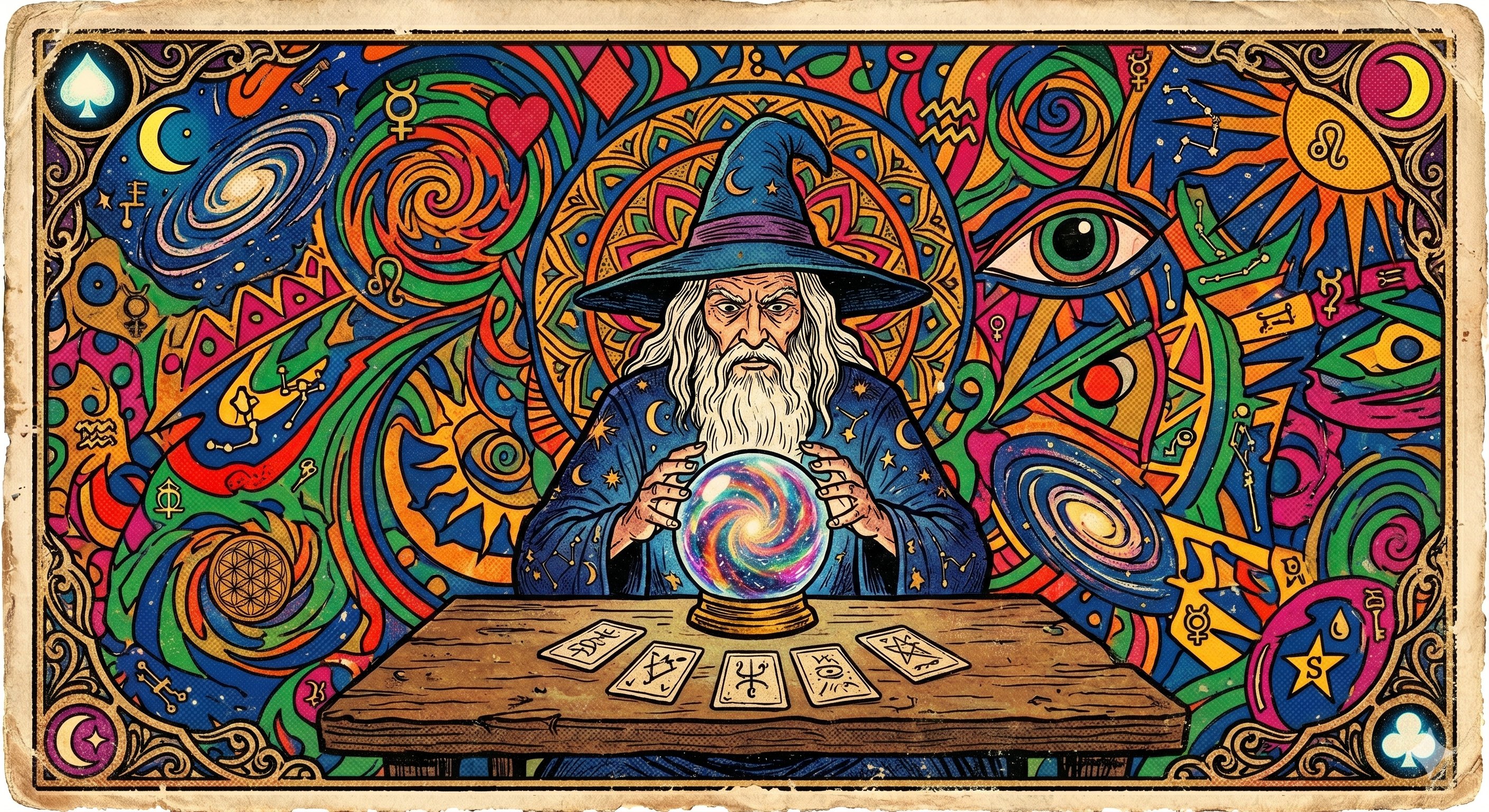 The Old Wizard — an ancient sorcerer reading a cosmic crystal ball surrounded by mystical symbols